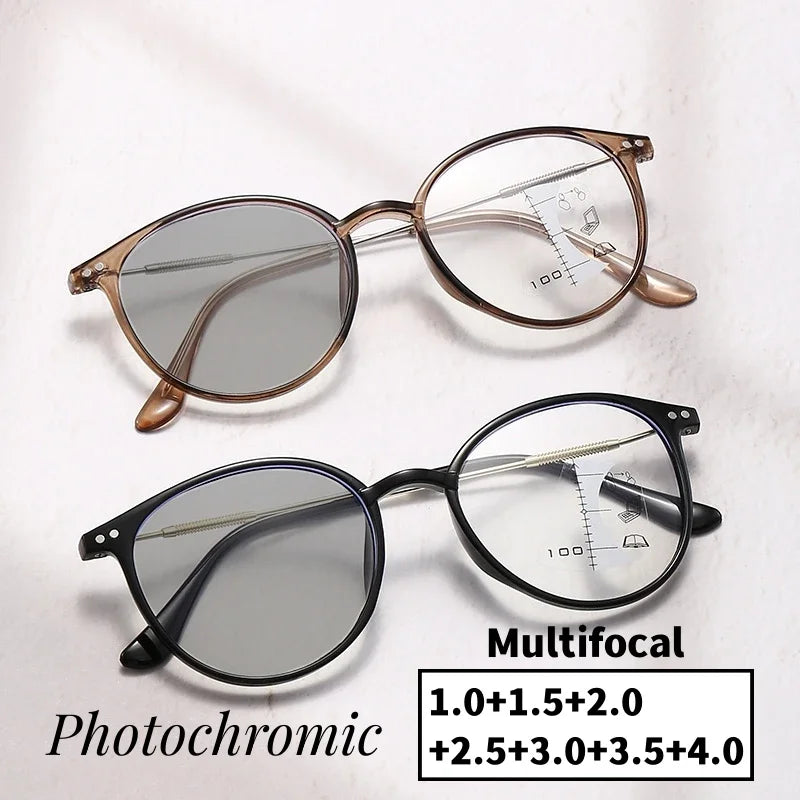 Gafas de lectura fotocromáticas inteligentes unisex redondas progresivas multifocales para presbicia, con acabado para visión de cerca y de lejos, bifocales