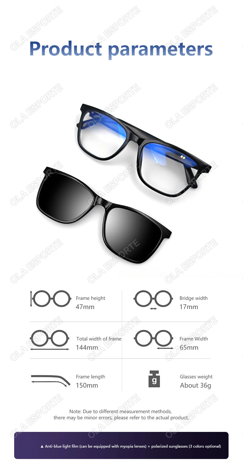 Gafas inteligentes Hot GS05 para hombre 2 en 1 con protección UV, portátiles, polarizadas, con filtro de luz azul, montura negra y lentes blancas. Gafas de sol con función de música.