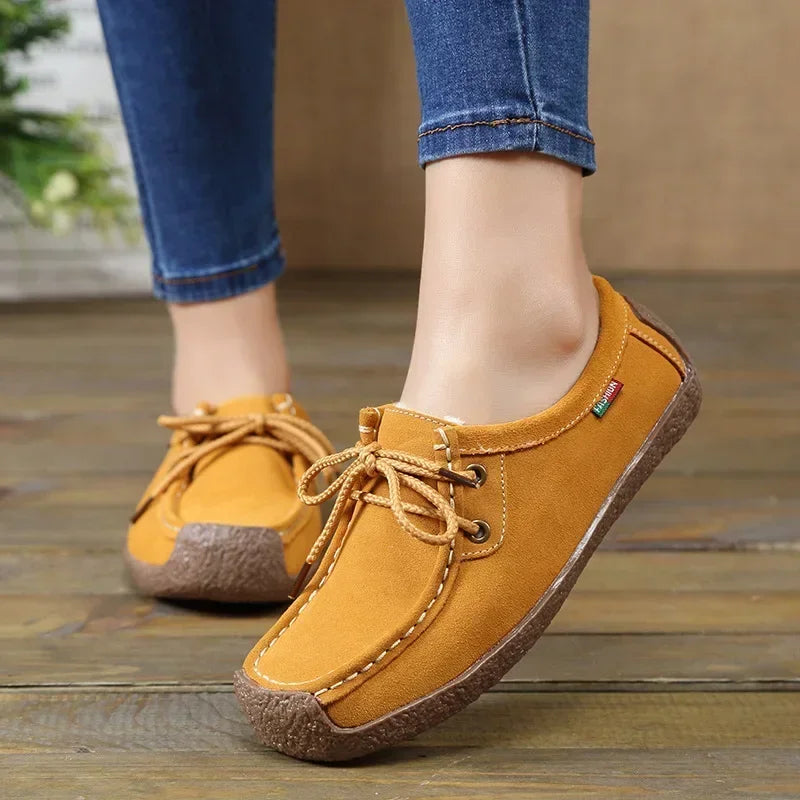 Zapatos casuales de mujer de nueva colección 2025: bailarinas de ante y piel, mocasines con cordones, zapatos de moda para mujer, tallas grandes 35-42.