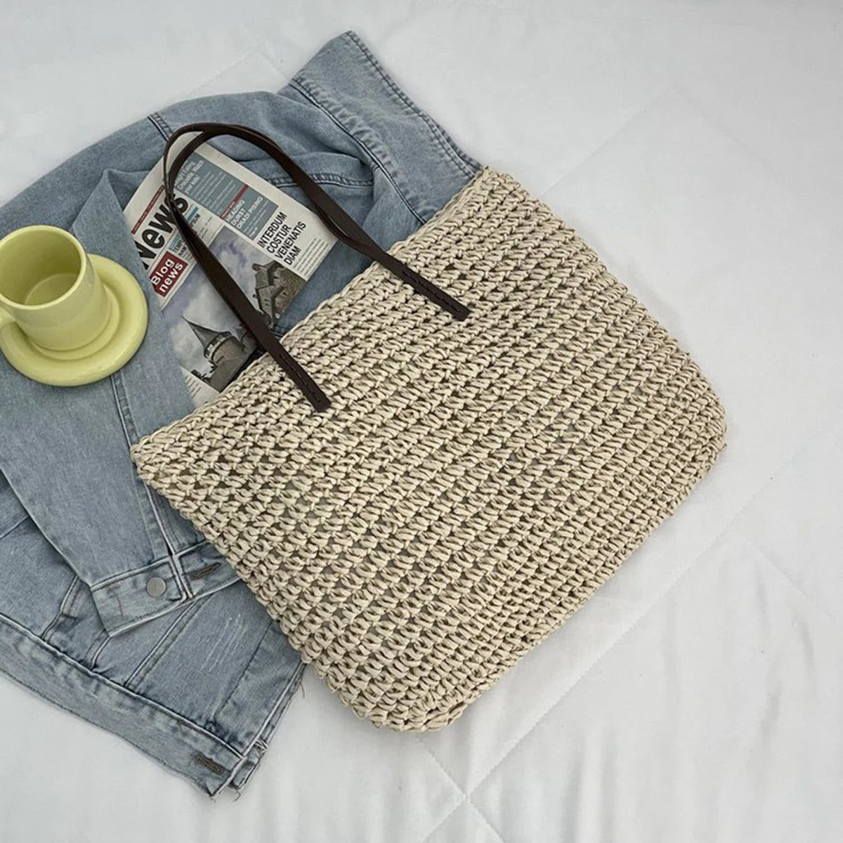 Bolso de mano para mujer, bolso de playa de verano, ratán tejido a mano, paja tejida, gran capacidad, bolsos de mano de cuero para mujer, bolso de hombro bohemio nuevo