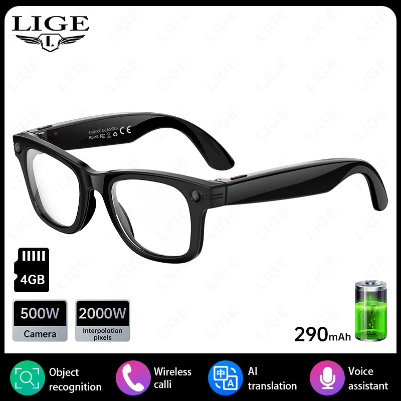 Gafas inteligentes con IA, 5 millones de píxeles, grabación de vídeo, reconocimiento fotográfico, traducción de respuestas, batería de 290 mAh, resistencia al agua IP66, Bluetooth.