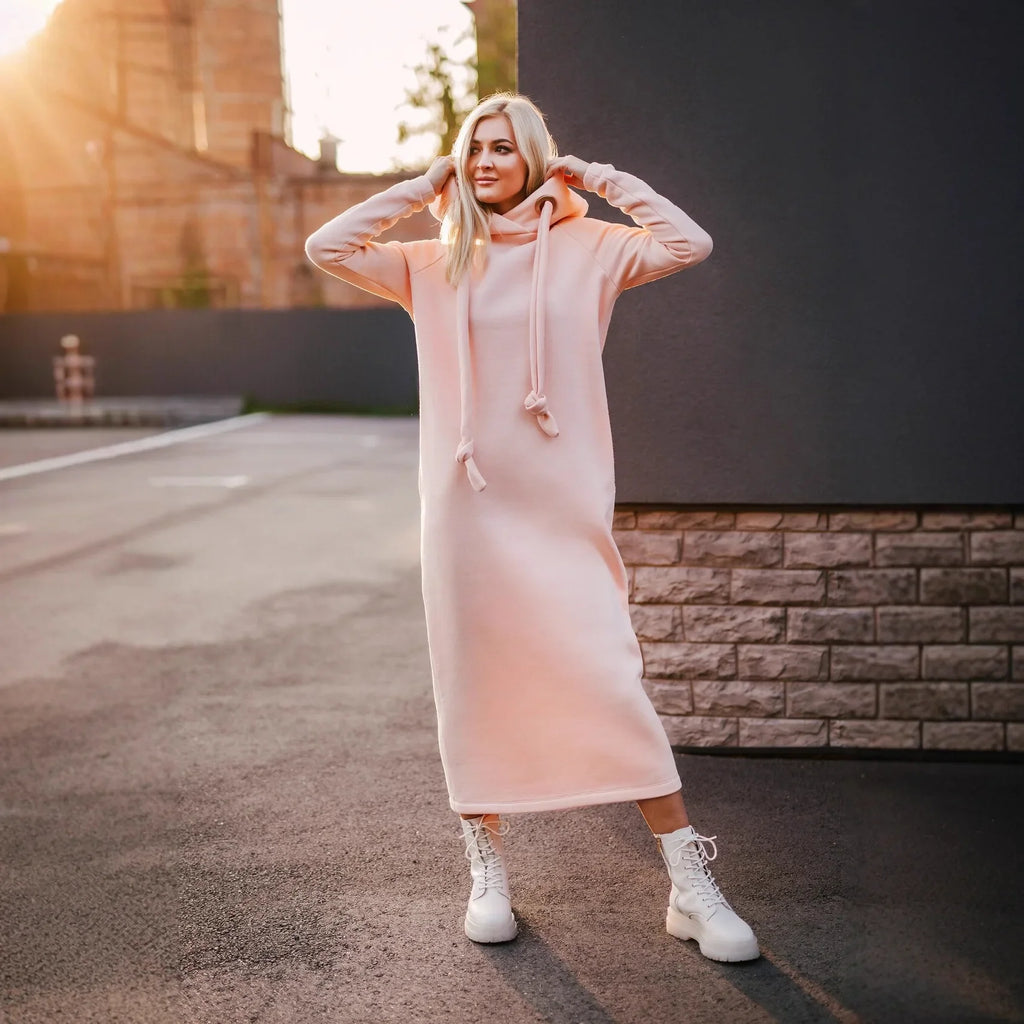 Vestido largo de punto holgado con capucha para mujer, ideal para otoño e invierno. Vestido de terciopelo con capucha, estilo casual, con detalles de costura. Vestido cálido.
