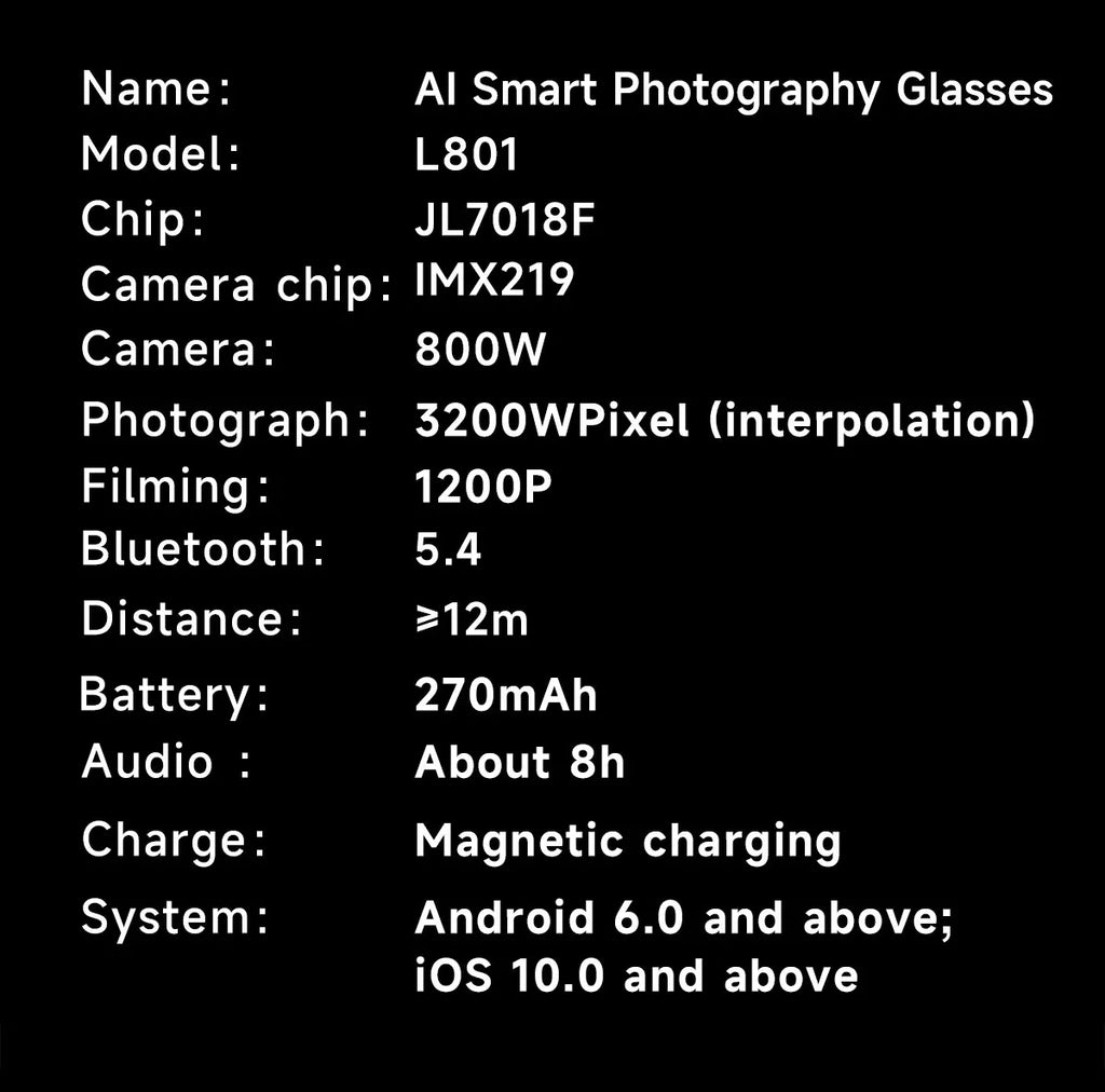 Gafas inteligentes con cámara HD de 8 MP, vídeo HD antivibración de 1200p, asistente de voz inteligente con IA, traducción en tiempo real y reconocimiento de objetos.