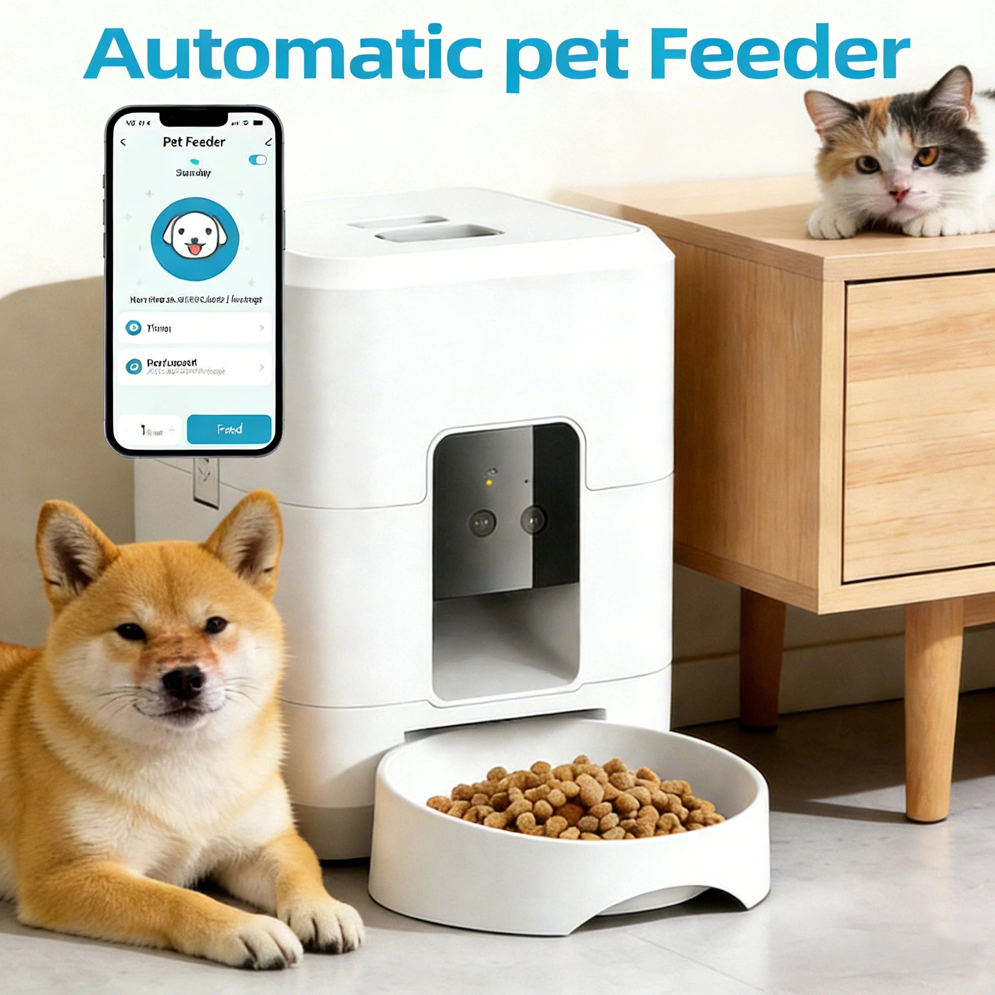 Comedero automático inteligente WiFi de 2 litros para gatos y perros con temporizador y alerta de bajo nivel de comida.