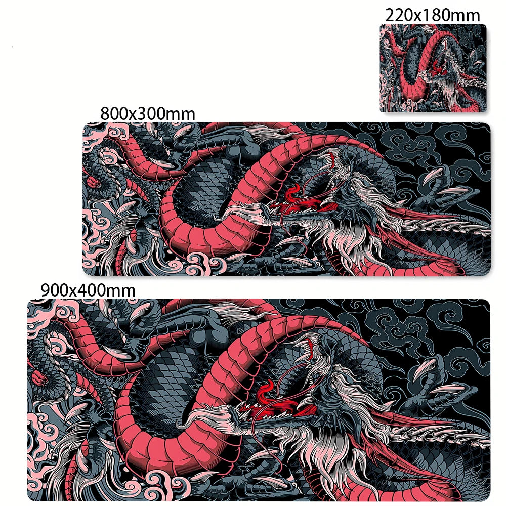 Alfombrilla de ratón grande con diseño de dragón en blanco y negro.