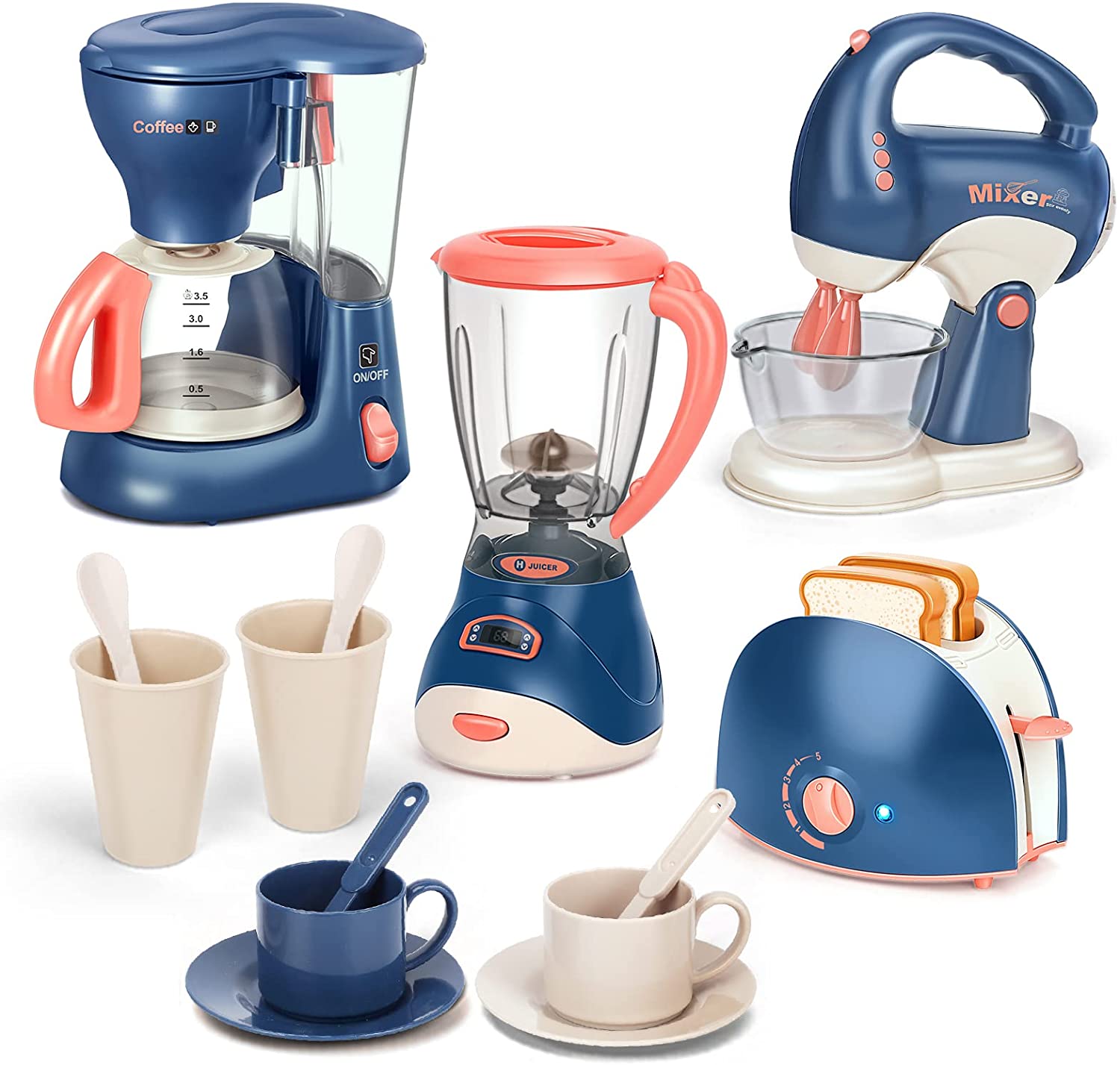 Mini electrodomésticos de juguete para la cocina, juego de imitación con cafetera, licuadora y tostadora para niños y niñas. Regalo ideal.