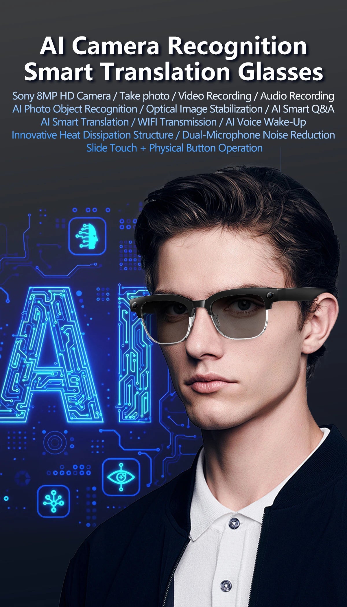 Gafas inteligentes con IA, Bluetooth, 8MP, resistentes al agua (IP66), grabación de video, reconocimiento de fotos y traducción, batería de 290 mAh. Gafas para uso diario.
