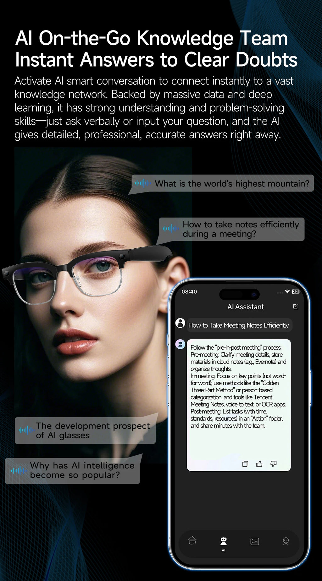 Gafas inteligentes con IA, Bluetooth, 8MP, resistentes al agua (IP66), grabación de video, reconocimiento de fotos y traducción, batería de 290 mAh. Gafas para uso diario.