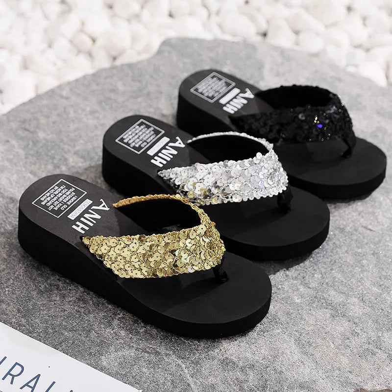 Sandalias de verano para mujer, lentejuelas, chanclas de playa para mujer, pantuflas de tacón alto para mujer, zapatos de cuña con plataforma 2024.