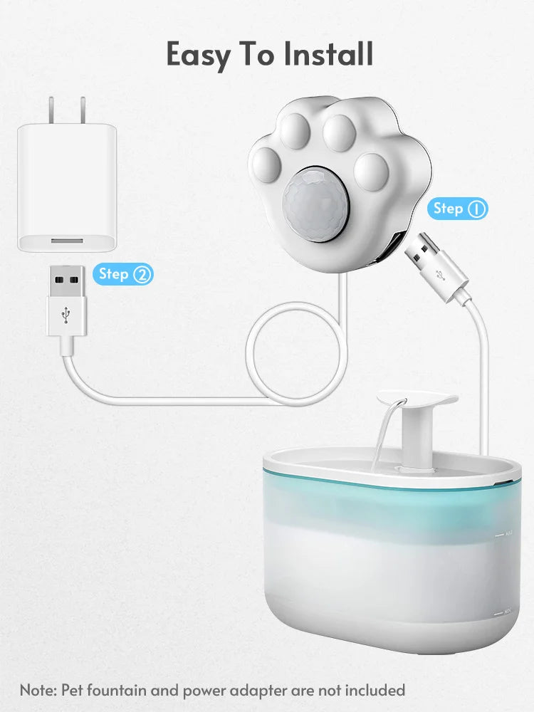 Sensor de fuente de agua para gatos con sensor de movimiento PIR en forma de pata para todos los dispensadores de agua automáticos para mascotas con interfaz USB.