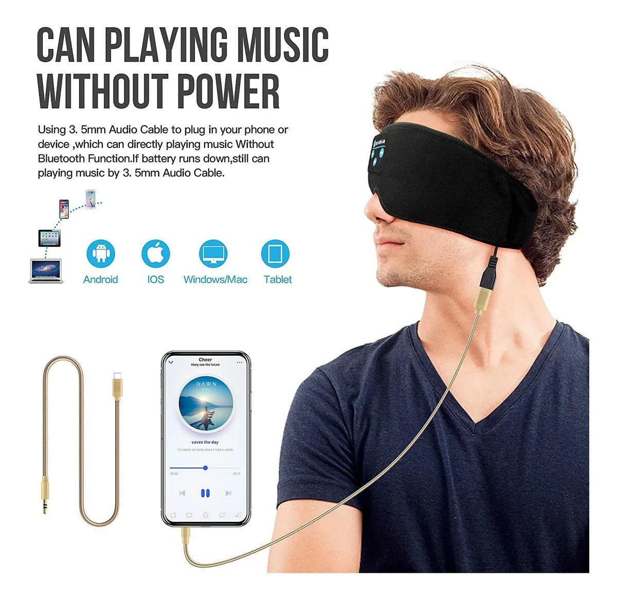 Auriculares para dormir 3D Bluetooth 5.0 con diadema, inalámbricos, transpirables, con antifaz musical, ideales para quienes duermen de lado y para viajes en avión.