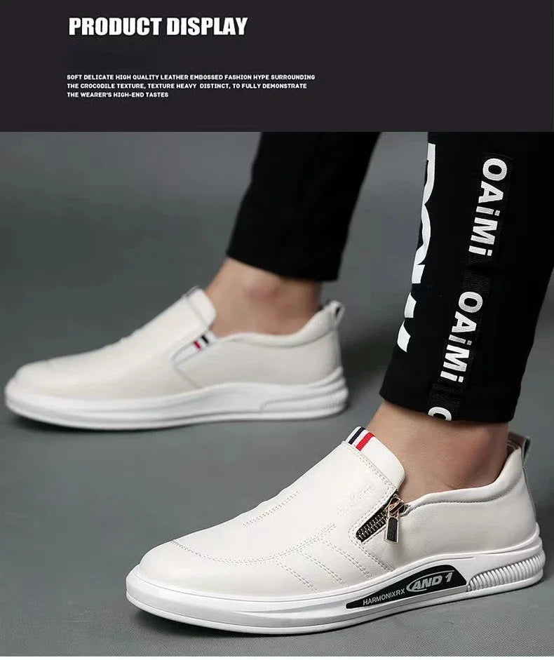 Zapatos casuales de cuero para hombre, mocasines con cremallera, zapatillas de marca de lujo para hombre, cómodos, casuales, mocasines, zapatos para conducir al aire libre.
