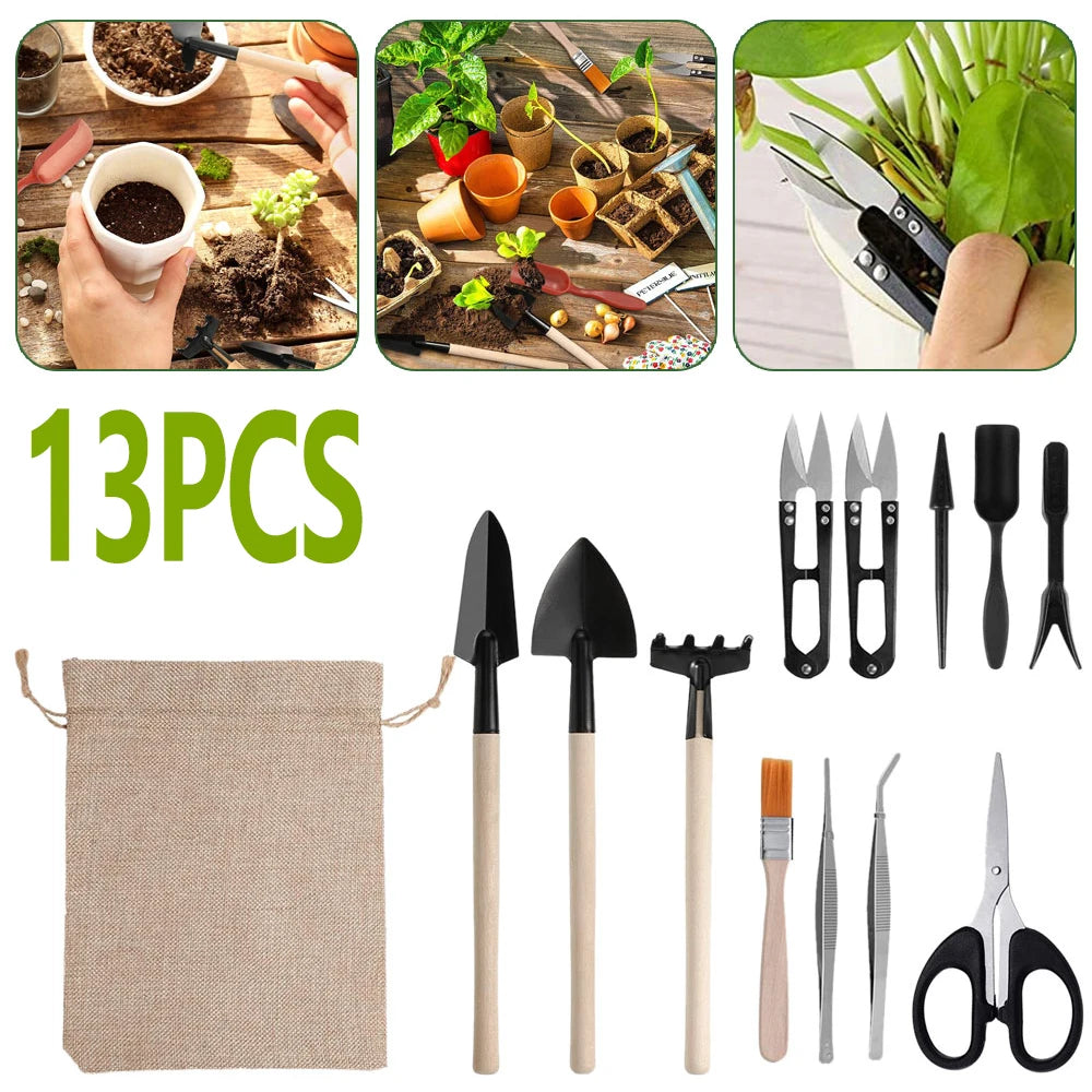 Juego de 13 mini palas, rastrillos, azadas y tijeras para bonsái con mango de madera, ideales para flores, plantas en maceta y deshierbe en el jardín.