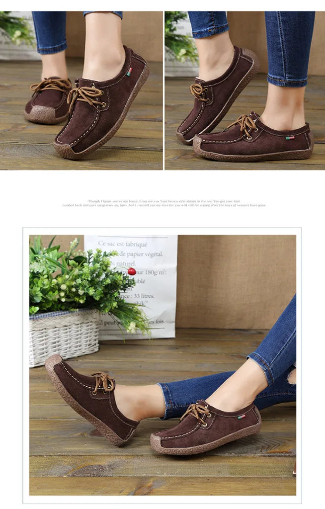 Zapatos casuales de mujer de nueva colección 2025: bailarinas de ante y piel, mocasines con cordones, zapatos de moda para mujer, tallas grandes 35-42.