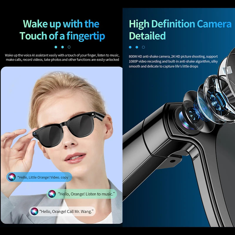 Gafas inteligentes con cámara de píxeles de 800 W, foto y vídeo, gafas de sol con IA, traducción de conversaciones, reuniones de oficina, música y reconocimiento de IA.