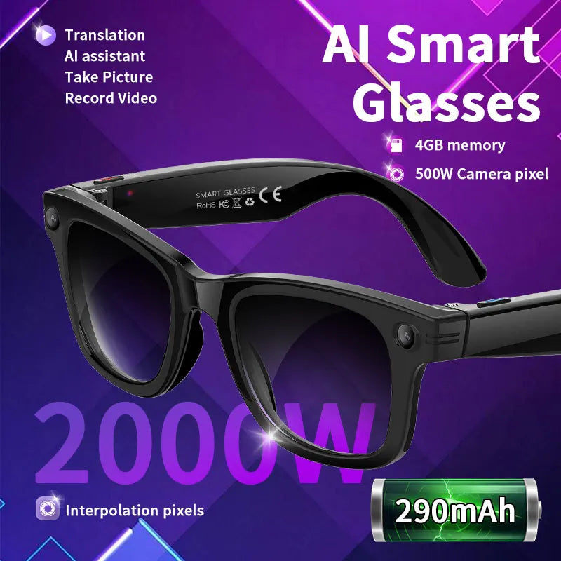 Gafas inteligentes con IA, 5 millones de píxeles, grabación de vídeo, reconocimiento fotográfico, traducción de respuestas, batería de 290 mAh, resistencia al agua IP66, Bluetooth.