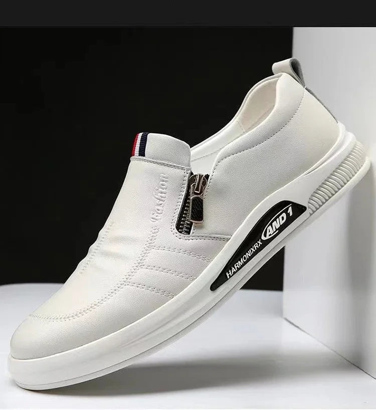 Zapatos casuales de cuero para hombre, mocasines con cremallera, zapatillas de marca de lujo para hombre, cómodos, casuales, mocasines, zapatos para conducir al aire libre.