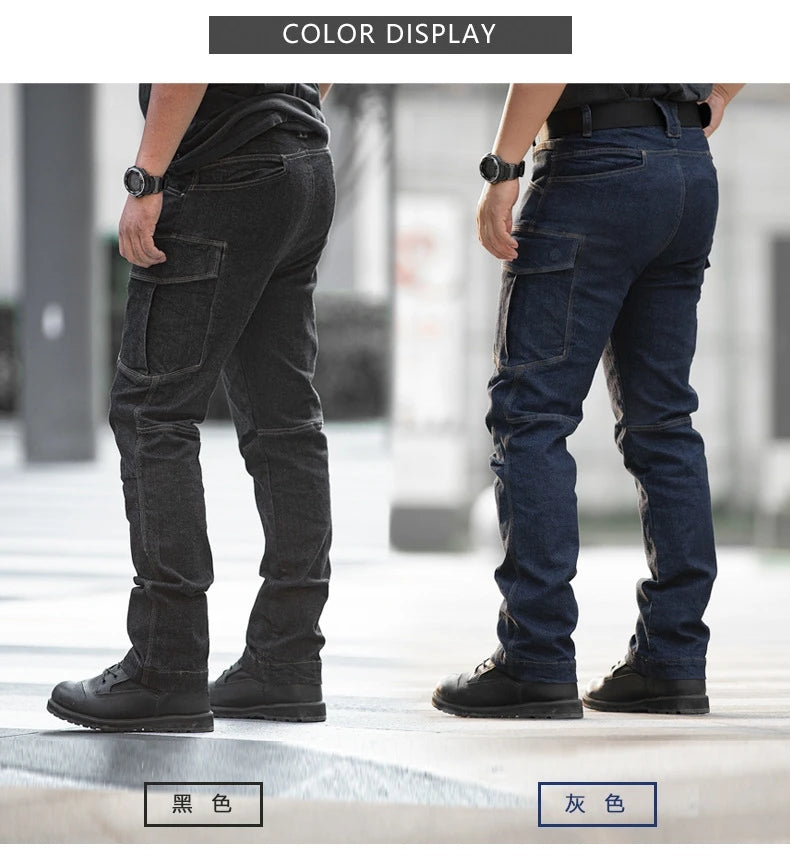 Pantalones vaqueros tácticos para hombre, estilo militar, de mezclilla, cargo, con múltiples bolsillos, elásticos, informales, para trabajo, entrenamiento y senderismo al aire libre.