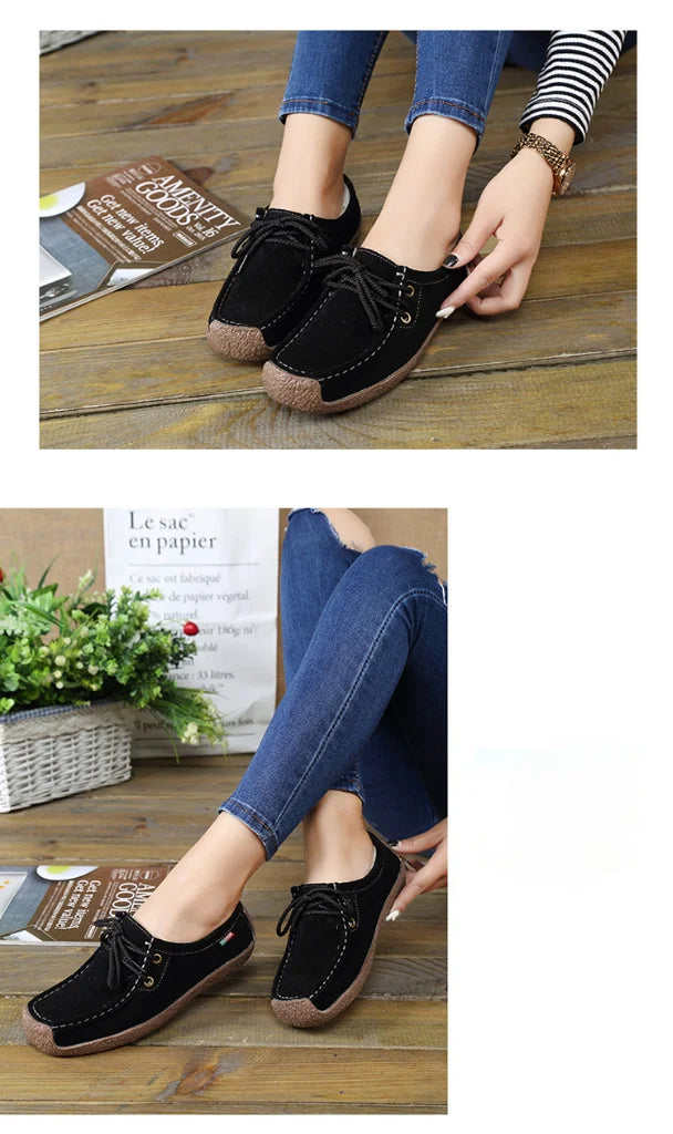 Zapatos casuales de mujer de nueva colección 2025: bailarinas de ante y piel, mocasines con cordones, zapatos de moda para mujer, tallas grandes 35-42.