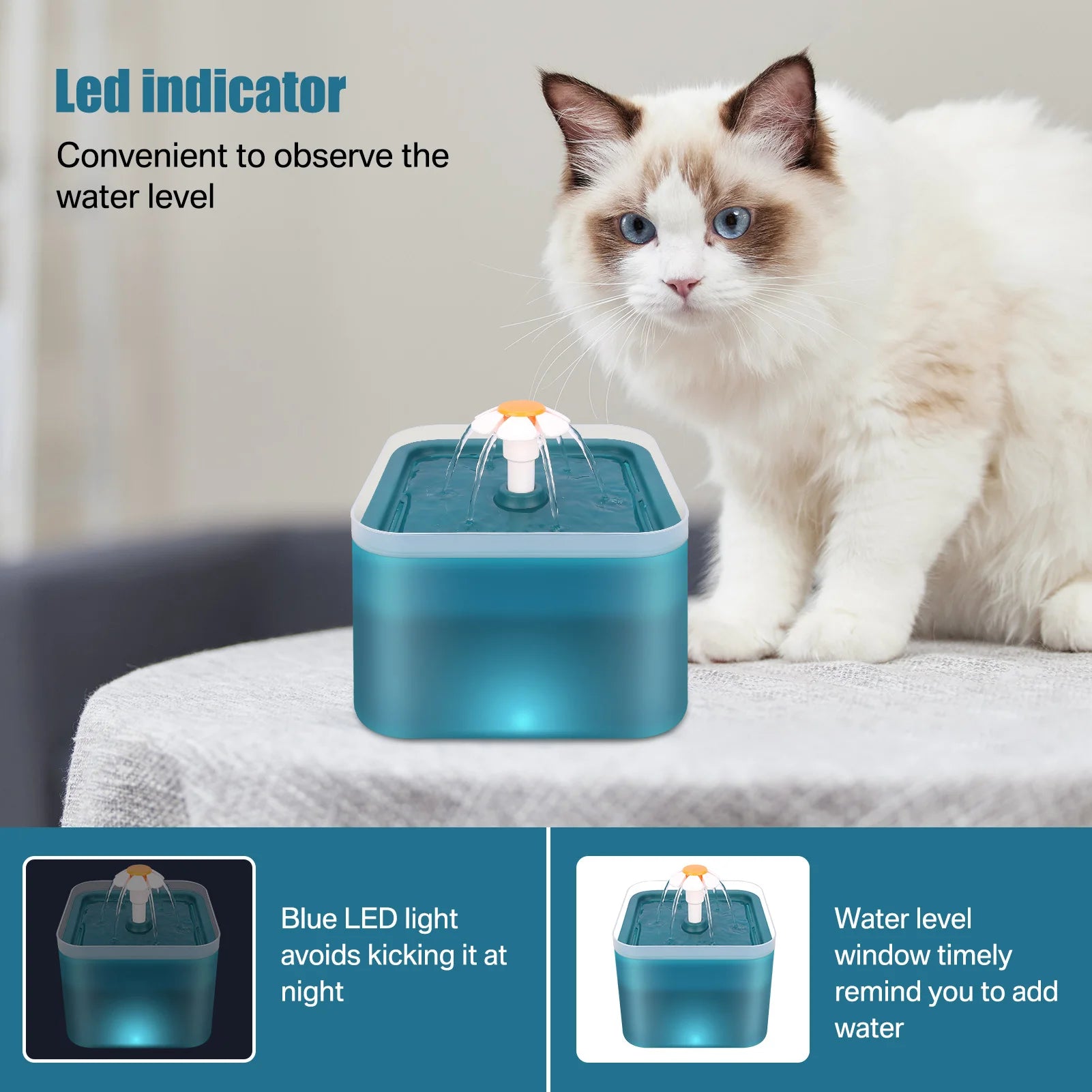 Fuente de agua ultra silenciosa para mascotas de 2 litros (67 oz) con iluminación LED y filtro automático de carbón activado. Dispensador de agua silencioso para gatos y perros pequeños