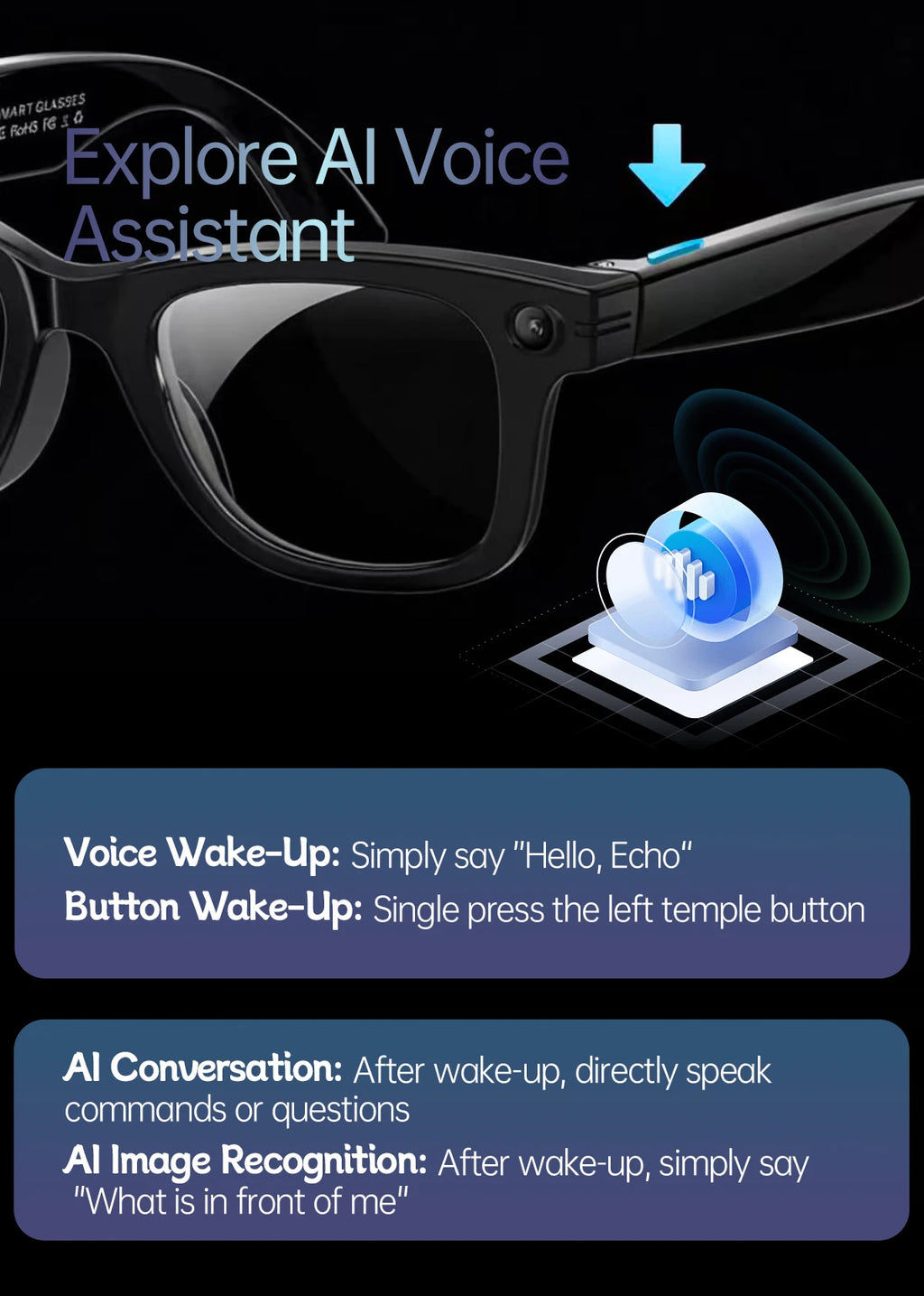 Gafas inteligentes con IA, 5 millones de píxeles, grabación de vídeo, reconocimiento fotográfico, traducción de respuestas, batería de 290 mAh, resistencia al agua IP66, Bluetooth.