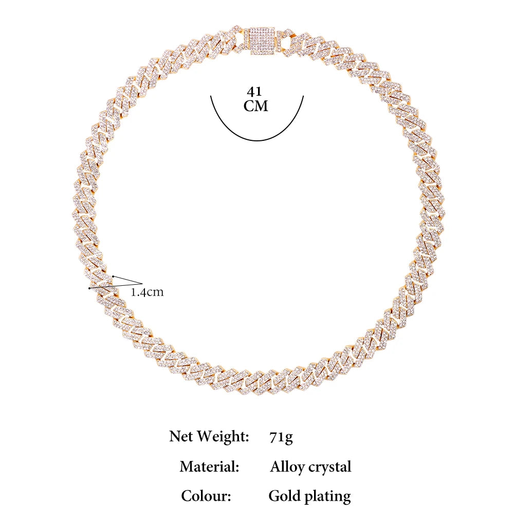 Collar de eslabones cubanos Miami de 14 mm color plata para mujer, con incrustaciones de diamantes de imitación en dos filas, gargantilla cuadrada de eslabones cubanos.