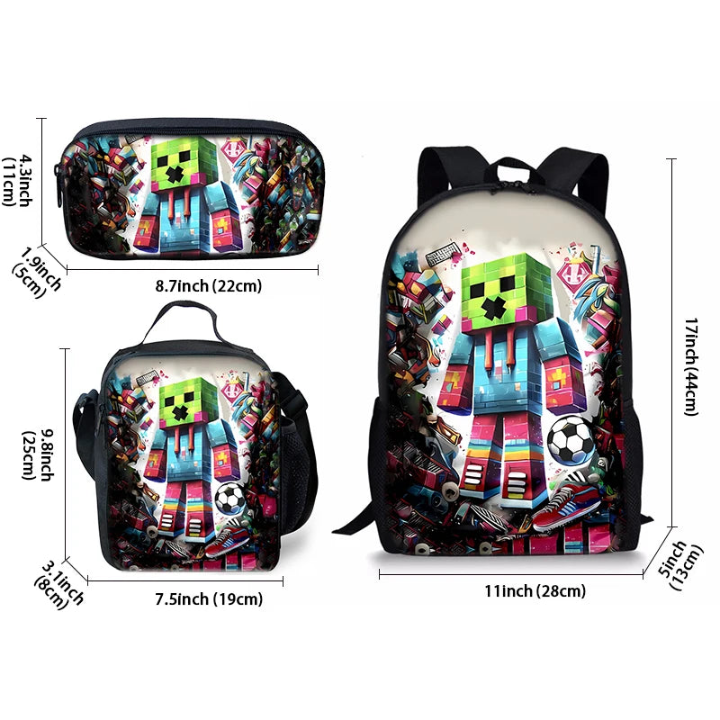 Juego My World: Mochilas de tres piezas con personajes para niños y niñas. El mejor regalo. Mochila escolar con diseño de dibujos animados en 2D para niños.