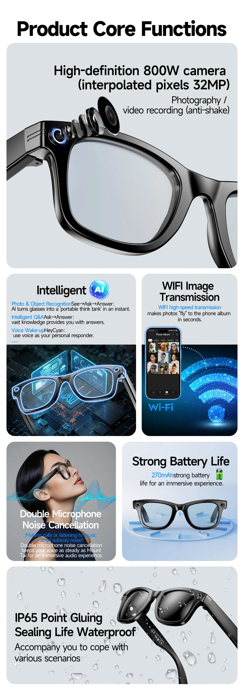 Gafas inteligentes con IA 2026 con cámara de 8 MP, grabación de video, traducción a más de 100 idiomas, Bluetooth, llamadas y reproducción de música. Para hombres y mujeres.