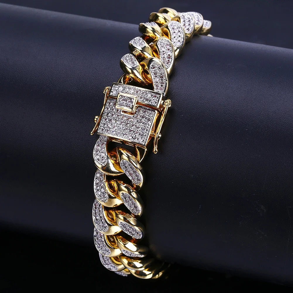 Pulsera de lujo con cadena cubana y diamantes de imitación para hombre, joyería hip-hop con cristales engastados, pulsera brillante de acero inoxidable, regalo
