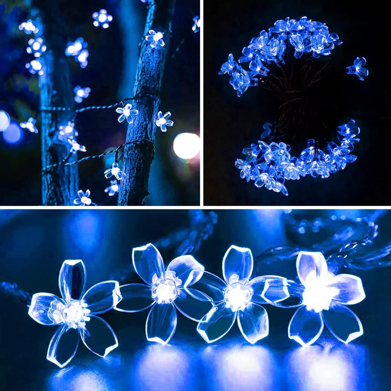 Guirnaldas de luces solares con forma de flores de cerezo para jardín, luces solares impermeables para exteriores, decoración navideña para césped y caminos.