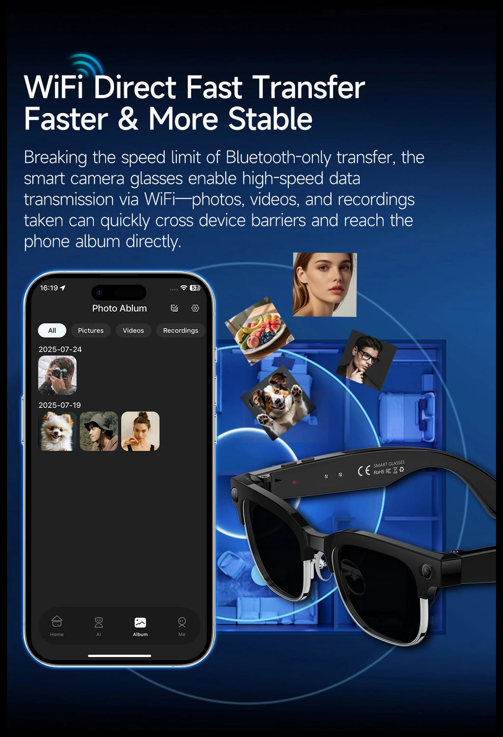 Gafas inteligentes con IA, Bluetooth, 8MP, resistentes al agua (IP66), grabación de video, reconocimiento de fotos y traducción, batería de 290 mAh. Gafas para uso diario.