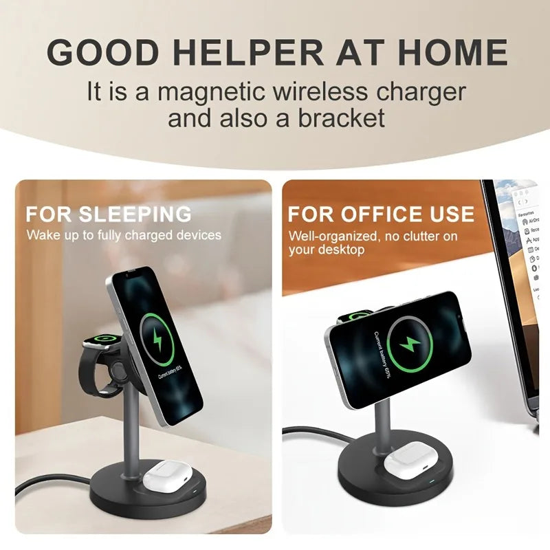 Estación de carga inalámbrica magnética 3 en 1 de 15 W para MagSafe iPhone 17 16 15 14 13 iWatch 10/9/8/7/6 AirPods Pro Cargador rápido de viaje