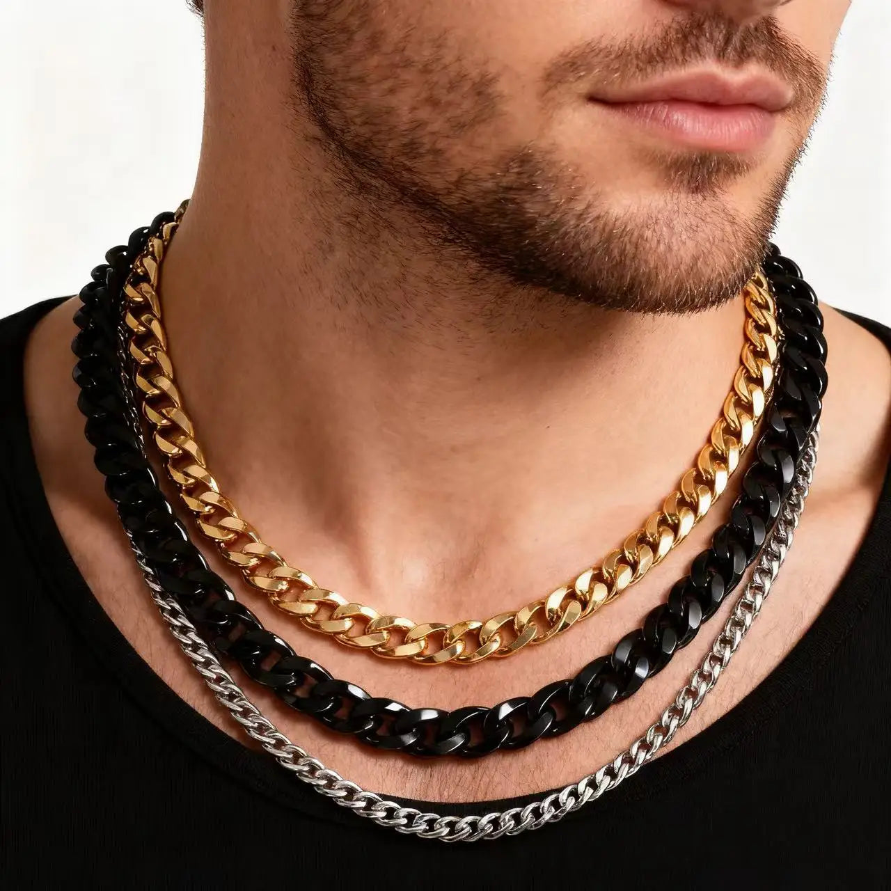 Collar de cadena cubana de acero inoxidable YQ para hombre, estilo gótico punk, joyería, color negro, dorado y plateado.