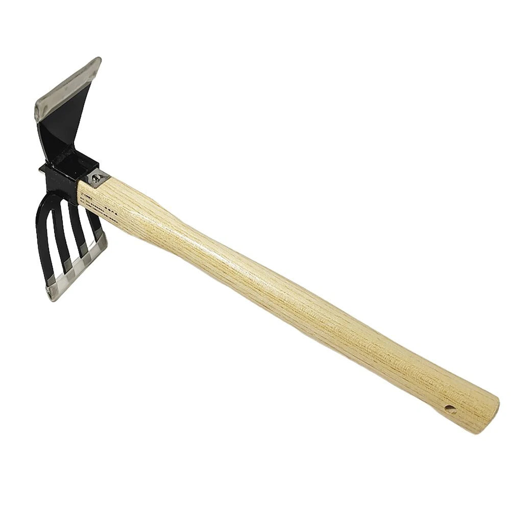 Rastrillo de mano para jardín con mango de madera, azada de doble propósito, azada y cultivador para cavar, desherbar, jardinería y cultivo.