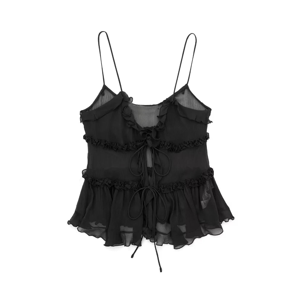 Moda femenina con tops semitransparentes con volantes en la parte delantera y tirantes finos sin espalda, sexys, para mujer