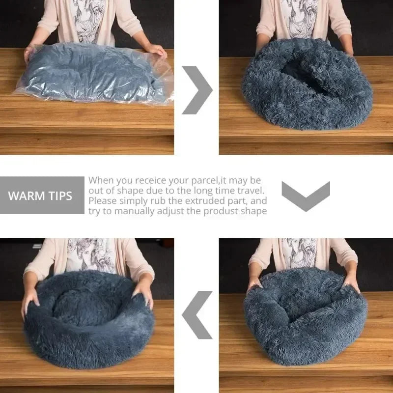 Cama para gatos de pelo largo ultrasuave, de felpa lavable, cama relajante tipo donut, cómoda y funcional.