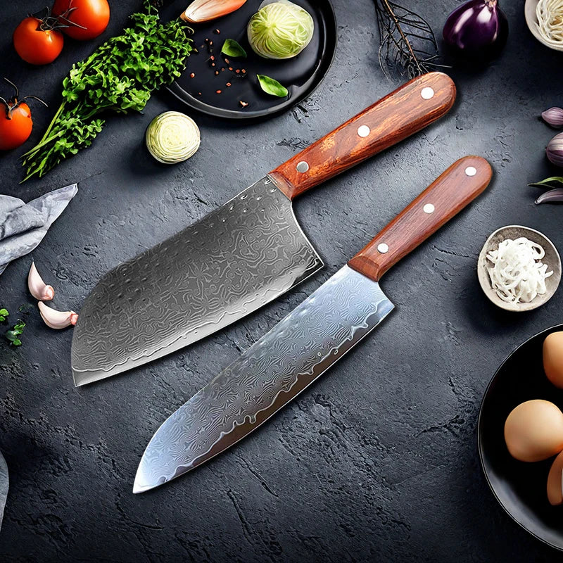 Cuchillo de cocina japonés de acero de Damasco de 67 capas para cortar carne, cuchillo Santoku, cuchillo de sushi y herramientas de cocina profesionales.