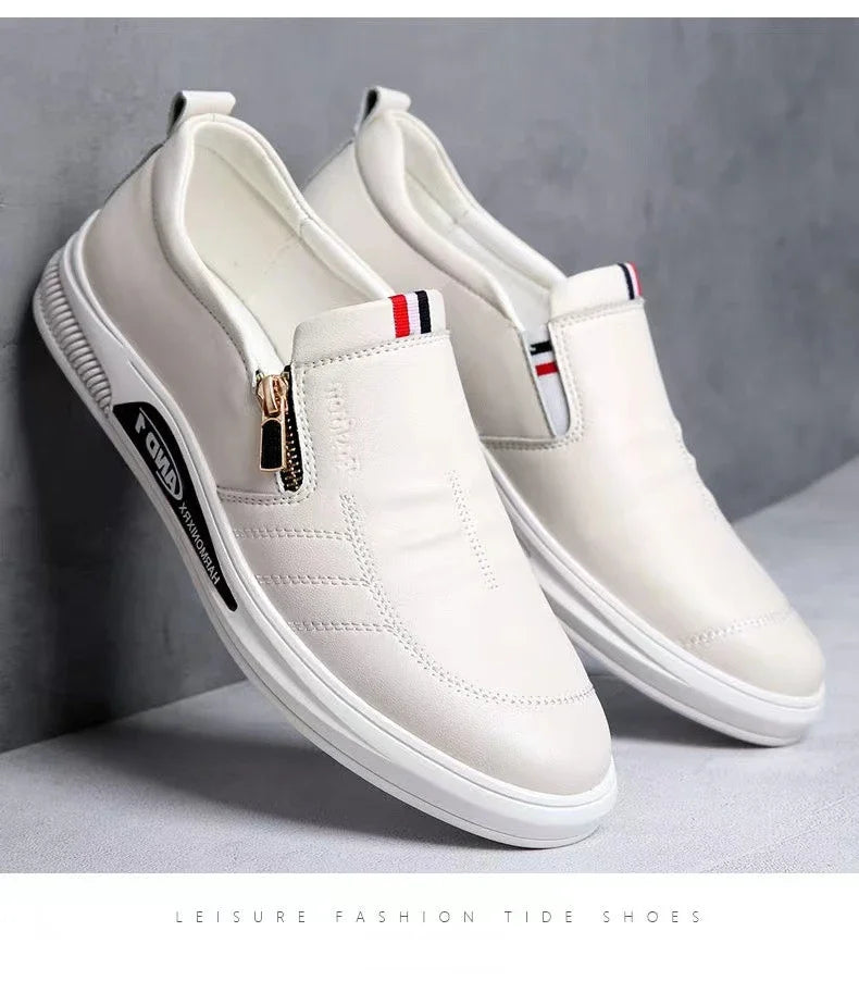 Zapatos casuales de cuero para hombre, mocasines con cremallera, zapatillas de marca de lujo para hombre, cómodos, casuales, mocasines, zapatos para conducir al aire libre.