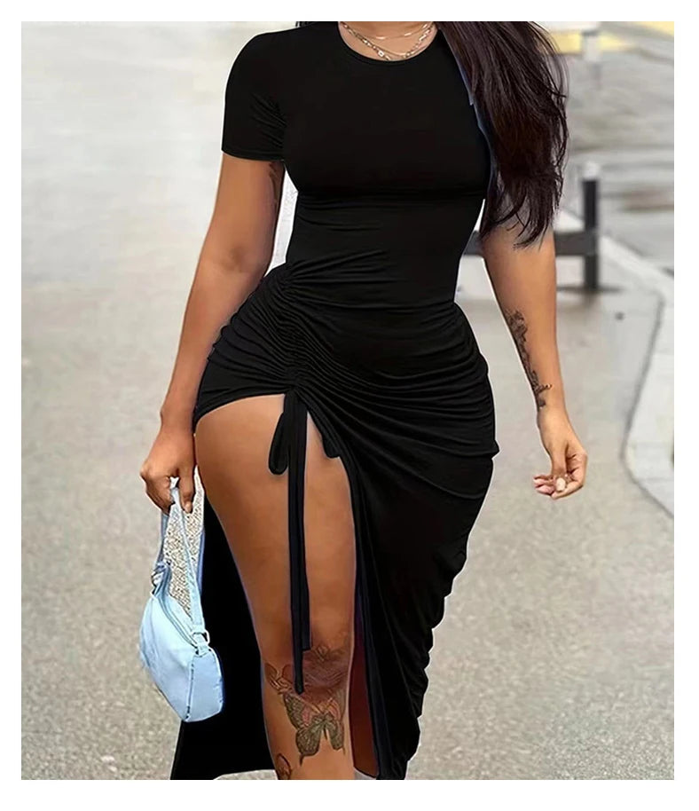 Vestido de mujer de moda, sexy, ajustado, plisado, de color liso, con abertura y cordón ajustable.