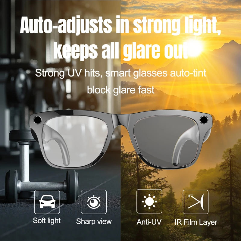 Gafas inteligentes 4K HD con IA, fotocromáticas, multifunción, Bluetooth, llamadas, asistente de voz, reproductor de música, traductor y cámara.