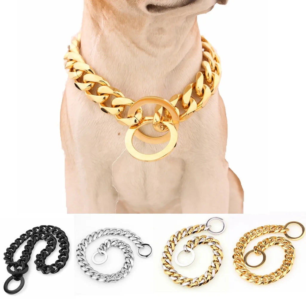 Collar de adiestramiento para perros grandes con cadena de eslabones cubanos dorados de 15 mm.