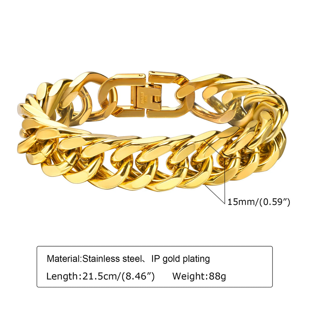 Pulsera de cadena cubana gruesa para hombre, acero inoxidable, oro, plata, negro, estilo retro, eslabones Miami, regalo, 8/10/12/15 mm de ancho