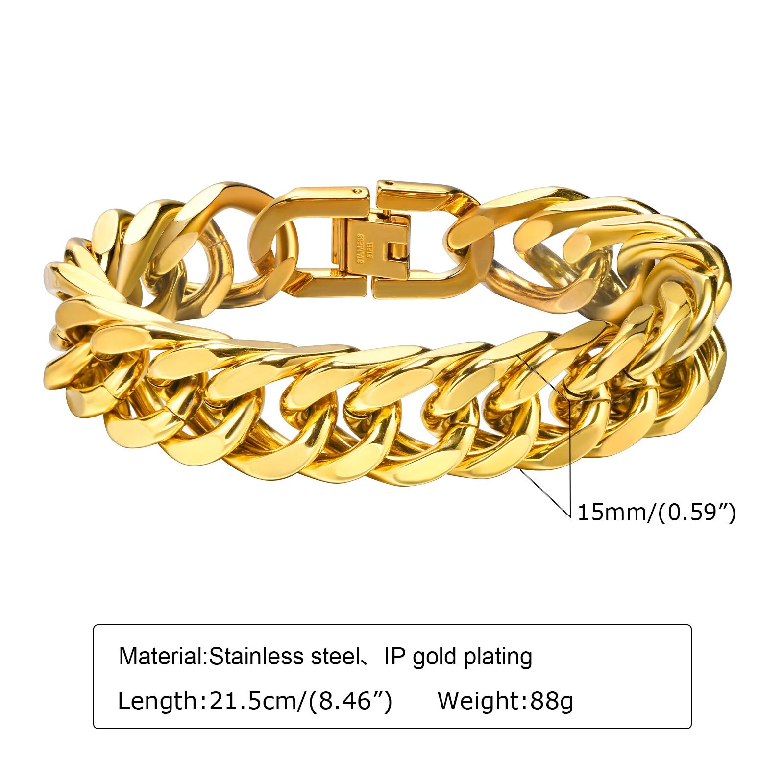 Pulsera de cadena cubana gruesa para hombre, acero inoxidable, oro, plata, negro, estilo retro, eslabones Miami, regalo, 8/10/12/15 mm de ancho