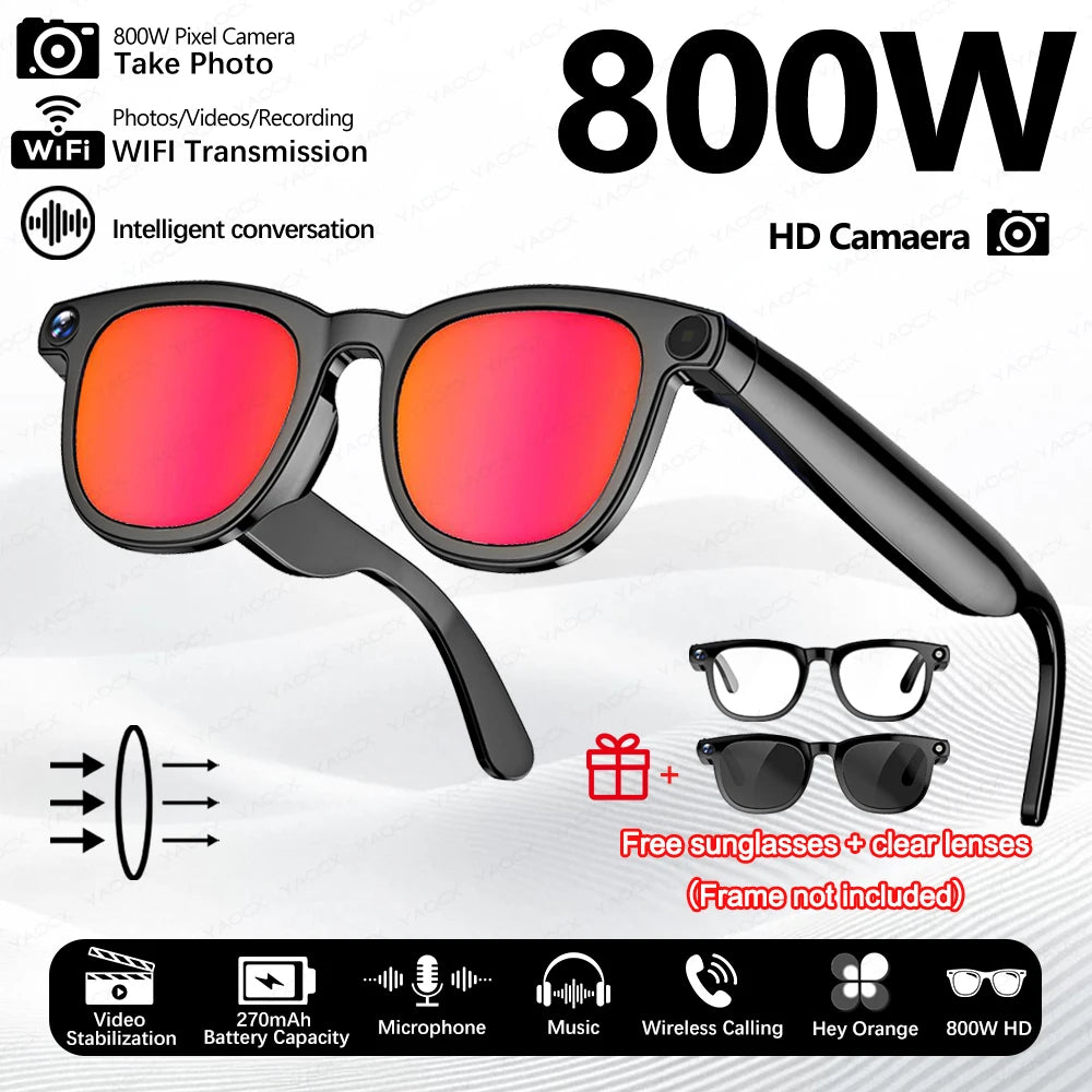 Gafas inteligentes con cámara de píxeles de 800 W, foto y vídeo, gafas de sol con IA, traducción de conversaciones, reuniones de oficina, música y reconocimiento de IA.