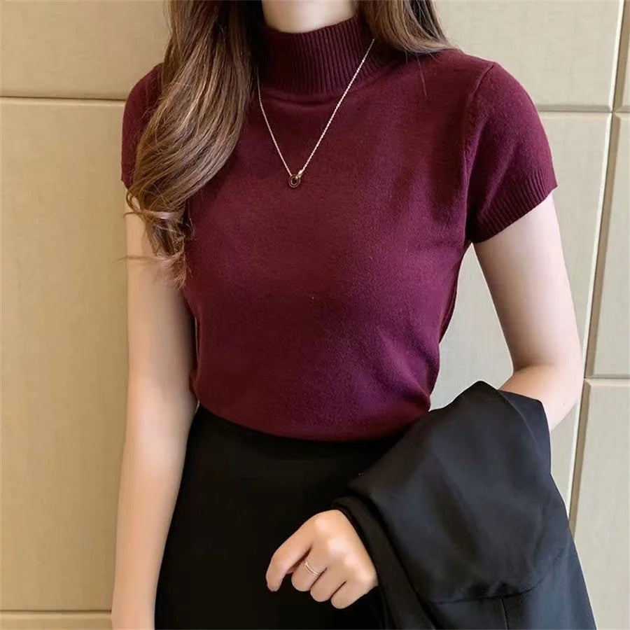 Blusas de mujer de moda 2026, tops de verano de manga corta, blusa de cuello alto de punto para mujer, camisa, tops de mujer, blusas