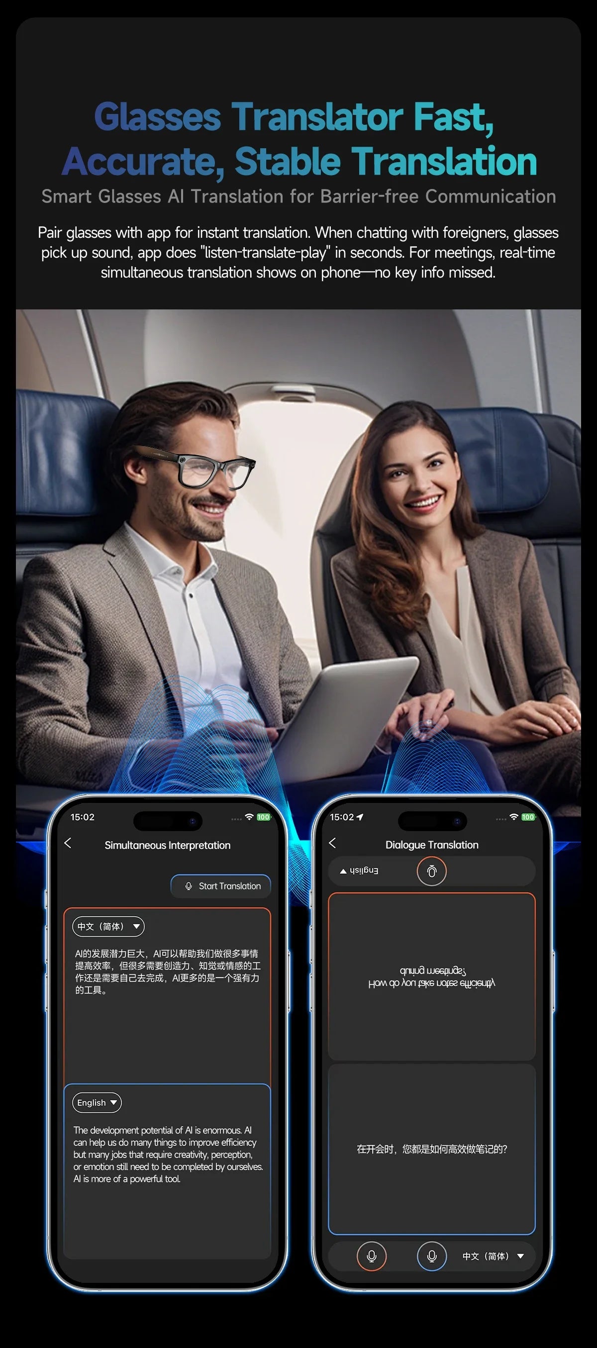 Gafas inteligentes con IA 2026 con cámara de 8 MP, grabación de video, traducción a más de 100 idiomas, Bluetooth, llamadas y reproducción de música. Para hombres y mujeres.