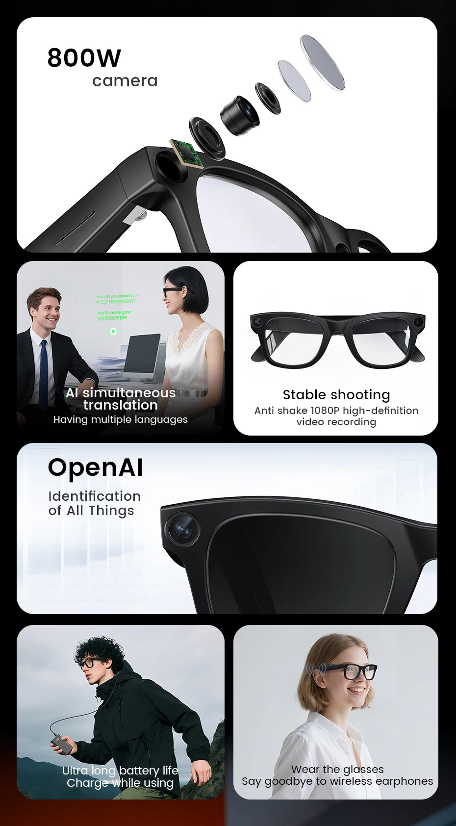 Gafas inteligentes 2026 800W HD Foto Video Grabación IA Traducción Lentes fotocromáticas táctiles Llamadas Bluetooth Música Gafas multifunción