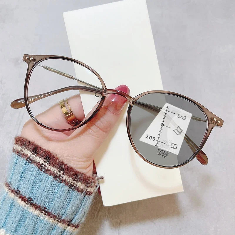 Gafas de lectura fotocromáticas inteligentes unisex redondas progresivas multifocales para presbicia, con acabado para visión de cerca y de lejos, bifocales