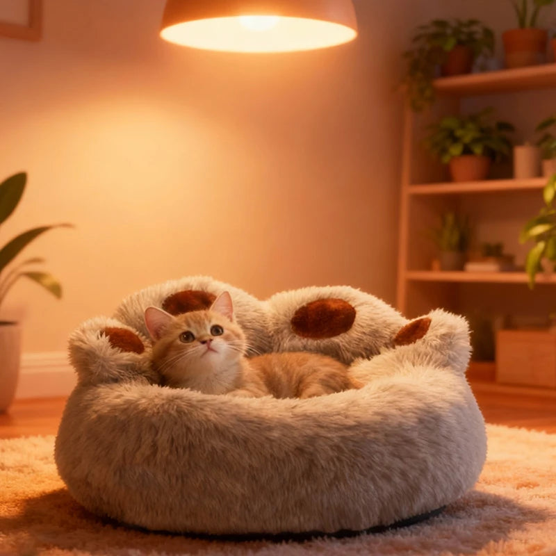 Cama de invierno grande para perros con forma de pata, cama relajante para mascotas, cama de felpa cálida tipo donut para perros y gatos con base antideslizante, tamaño grande para perros grandes.