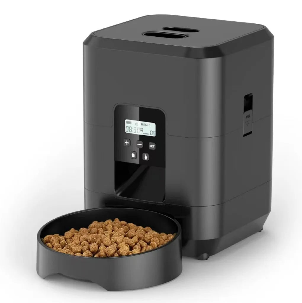 Comedero automático inteligente WiFi de 2 litros para gatos y perros con temporizador y alerta de bajo nivel de comida.